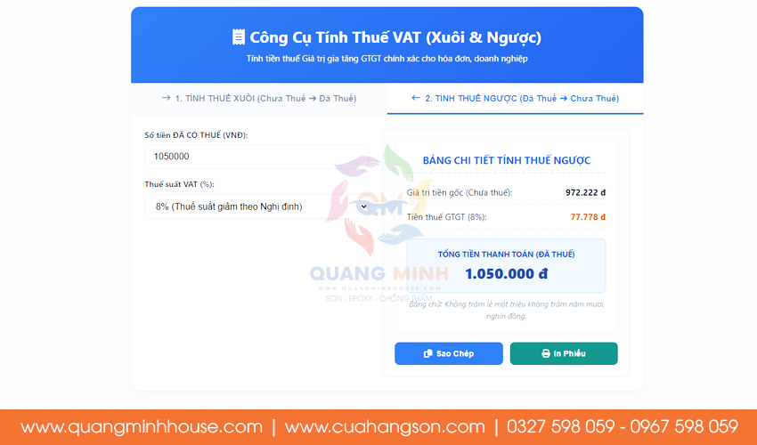 Công cụ tính VAT xuôi, tính vat ngược